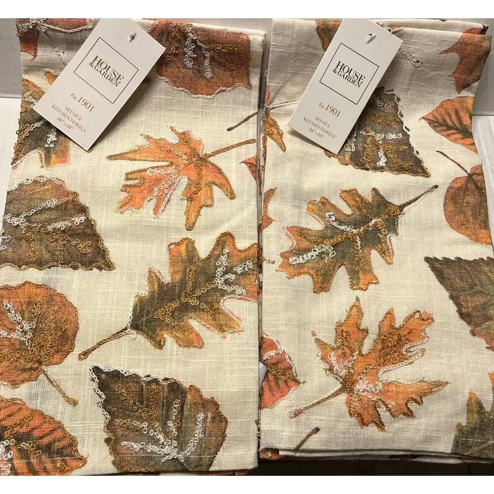 NWT 2 sets of HOUSE & GARDEN KITCHEN TOWELS (2 each) Embroidered Fall LEAVES‎